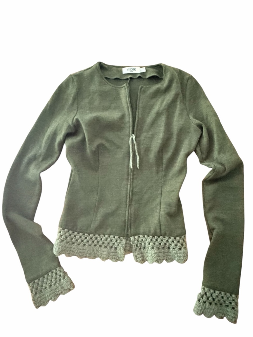 Moschino Jeans Vintage Olive Green Knit Cardigan with Crochet Trim Size US 4